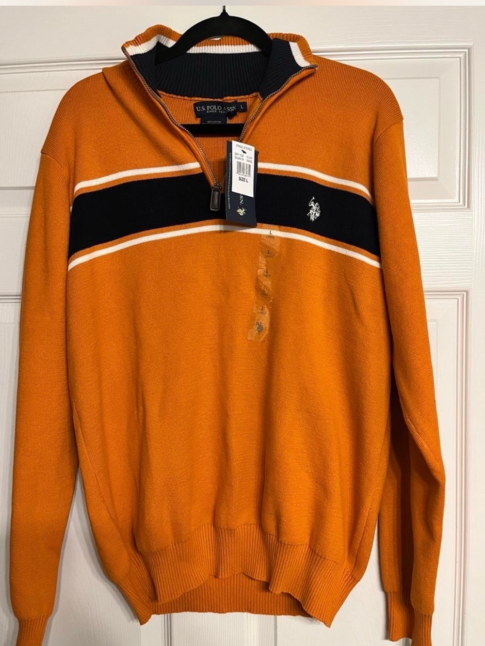 U.S. Polo Assn. Men’s Orange Zip-Neck Sweater with Black Stripe